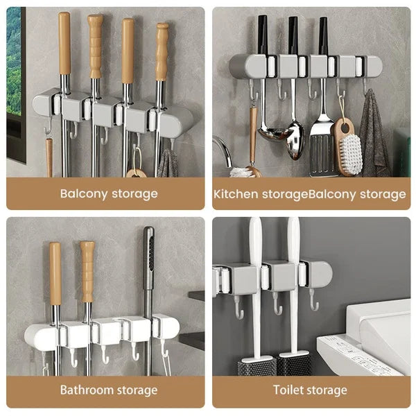 4 Slot & 4 Hook Wall Mounted Holder For Mop, Broom, Kitchen, Garden