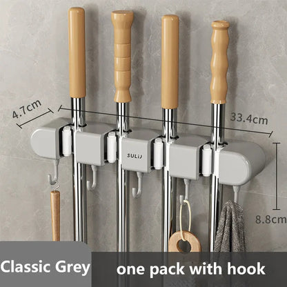 4 Slot & 4 Hook Wall Mounted Holder For Mop, Broom, Kitchen, Garden