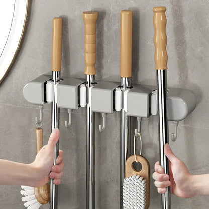 4 Slot & 4 Hook Wall Mounted Holder For Mop, Broom, Kitchen, Garden