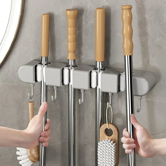 4 Slot & 4 Hook Wall Mounted Holder For Mop, Broom, Kitchen, Garden