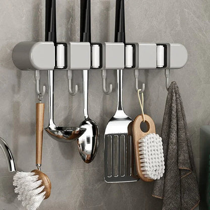 4 Slot & 4 Hook Wall Mounted Holder For Mop, Broom, Kitchen, Garden
