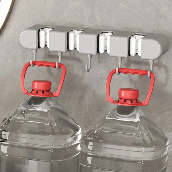 4 Slot & 4 Hook Wall Mounted Holder For Mop, Broom, Kitchen, Garden