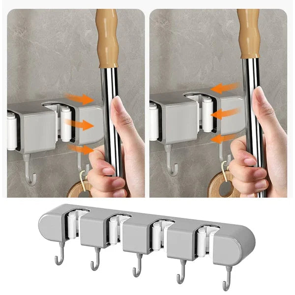 4 Slot & 4 Hook Wall Mounted Holder For Mop, Broom, Kitchen, Garden