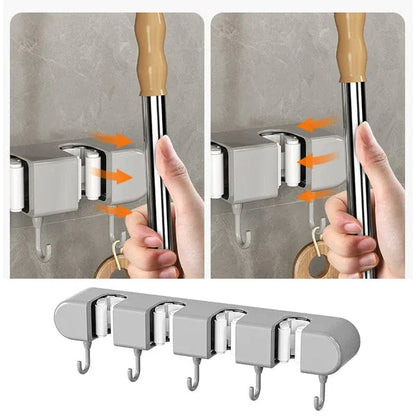4 Slot & 4 Hook Wall Mounted Holder For Mop, Broom, Kitchen, Garden