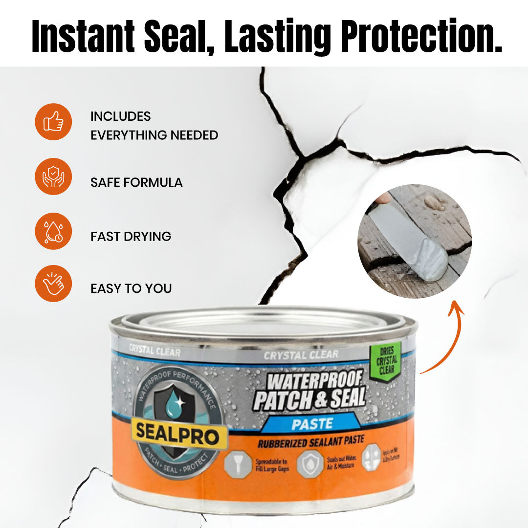 SealPro waterproof patch and seal paste can with text highlighting features on a cracked surface background.