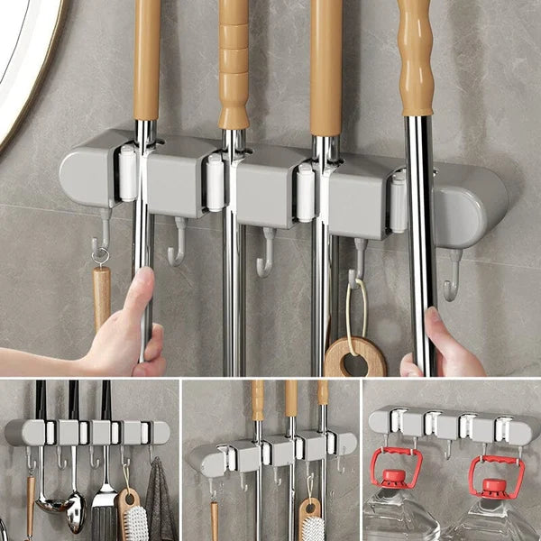 4 Slot & 4 Hook Wall Mounted Holder For Mop, Broom, Kitchen, Garden