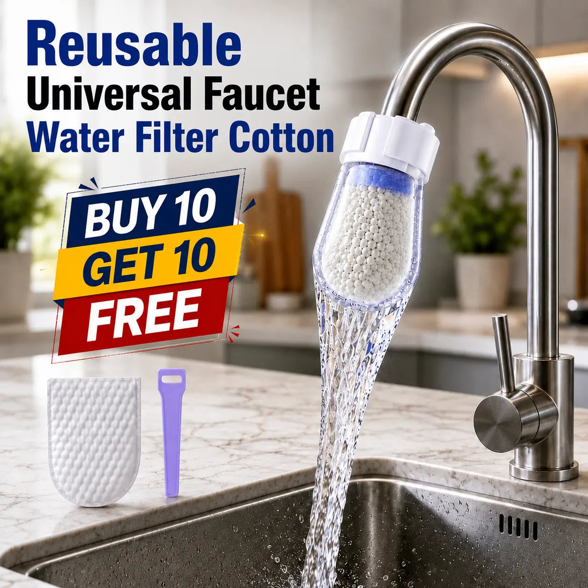 Reusable Tap Water Filter | Universal Faucet Cotton Refills | Buy 10 Get 10 Free 🔥